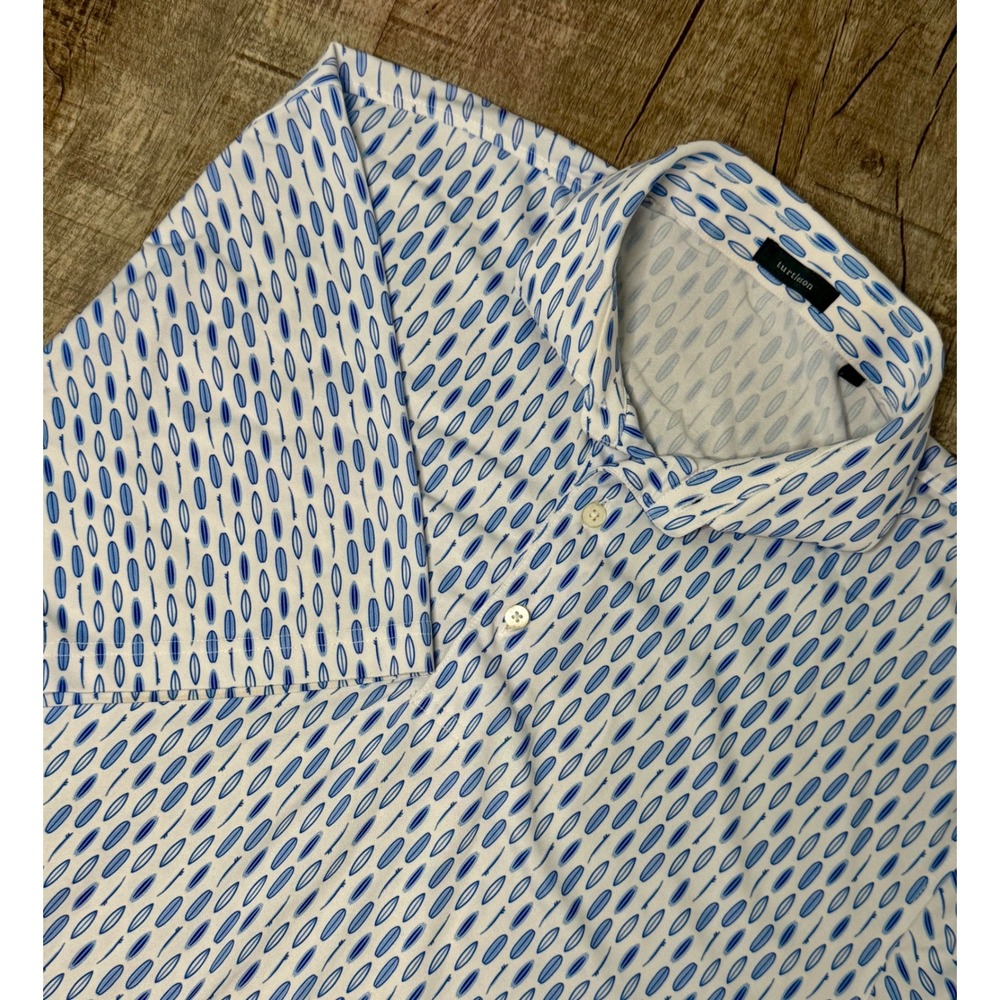 Turtleson Mens Large White Blue Surfboard Print Performance Golf Polo Shirt L